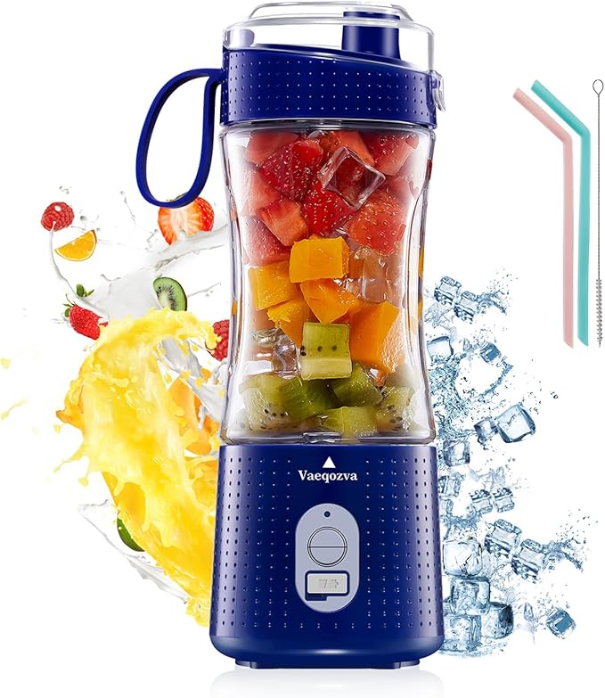 Portable Blender Vaeqozva USB Rechargeable Smoothie on the Go Blender Cup with Straws Protein Shakes Fruit Mini Mixer for Home Sport Office Camping - Navy Blue