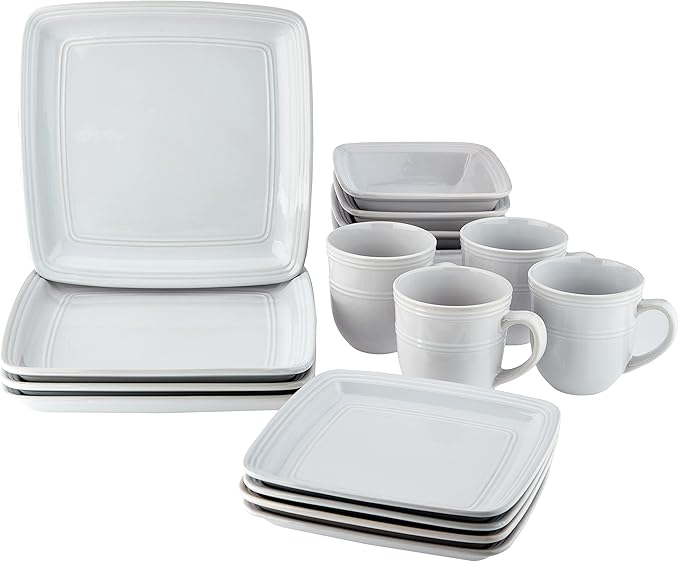 American Atelier Square Dinnerware Sets | White Kitchen Plates Bowls and Mugs | 16 Piece Stoneware Madelyn Collection | Dishwasher &amp Microwave Safe | 10.75 x 10.75 Service for 4