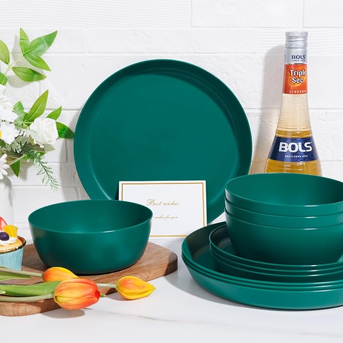 EI 12pcs Dark Green Wheat Straw PlatesPlate and Bowls SetsWheat Straw Dinnerware SetUnbreakabl Plastic Plates ReusableeMelamine Dinnerware Sets