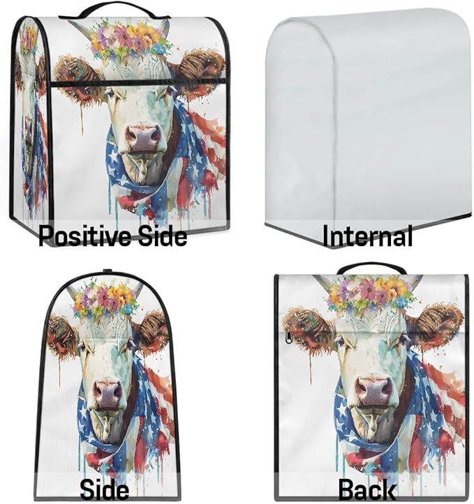 Kitchen Aid Mixer Cover Watercolor Cow American Flag Stand Mixer Cover Compatible with 6-8 Quarts Stand Mixers Dust Covers with Zipper Pocket Foldable Washable Kitchen Aid Organizer Bag