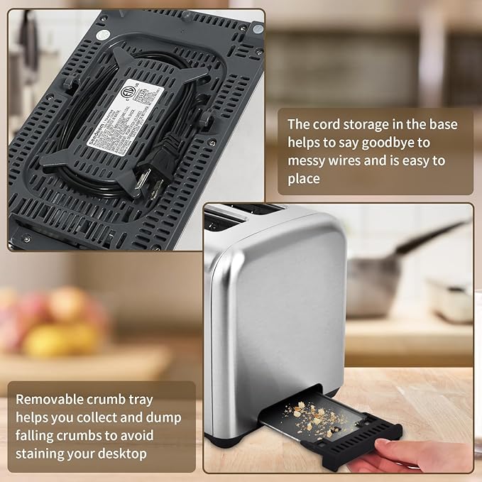 SEEDEEM Toaster 2 Slice Full Touch Control Stainless Toaster LCD Display 50% Faster Heating Speed 6 Bread Type 7 Shade Setting 1.5''Wide Slots Removable Crumb Tray 1350W Silver Metallic