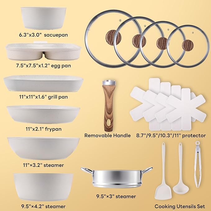 17-Piece Nonstick &amp Non-Toxic Cookware Set Pots and Pans with Stay-Cool Handles Induction Compatible Cream White