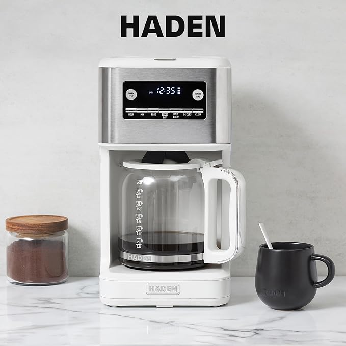 HADEN Generous Brew 14 Cup Coffee Maker with 120 Minute Keep Warm Delay Brew Adjustable Strength Programmable Clock and Anti Drip Ivory/Chrome