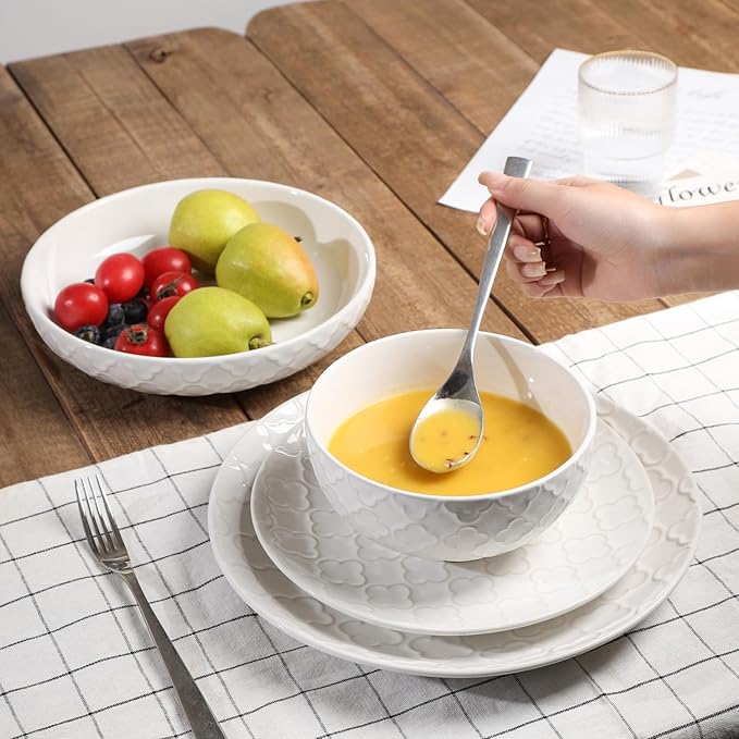 Sureasy 32 Pieces Dinnerware Sets for 8 Ceramic Plates and Bowls Sets Embossed Scratch Resistant Dinner Set Dishwasher &amp Microwave Safe White