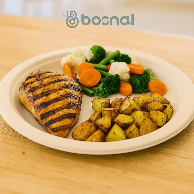 BOSNAL 10 inch &amp 7 inch Round Plates 10 inch Oval Plates 32 oz Bowls &amp 8 oz Cups with Lidss &amp Cutlery – 100% Plant-Based Bagasse Eco-Friendly Compostable Microwave Safe Durable Dinne