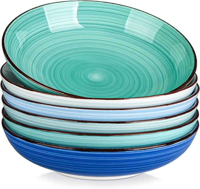 vancasso Bonita Pasta Bowls Set of 6 50oz Large Salad Bowls for Kitchen Stoneware Serving Bowls Dishwasher &amp Microwave Safe Blue Bowl Set