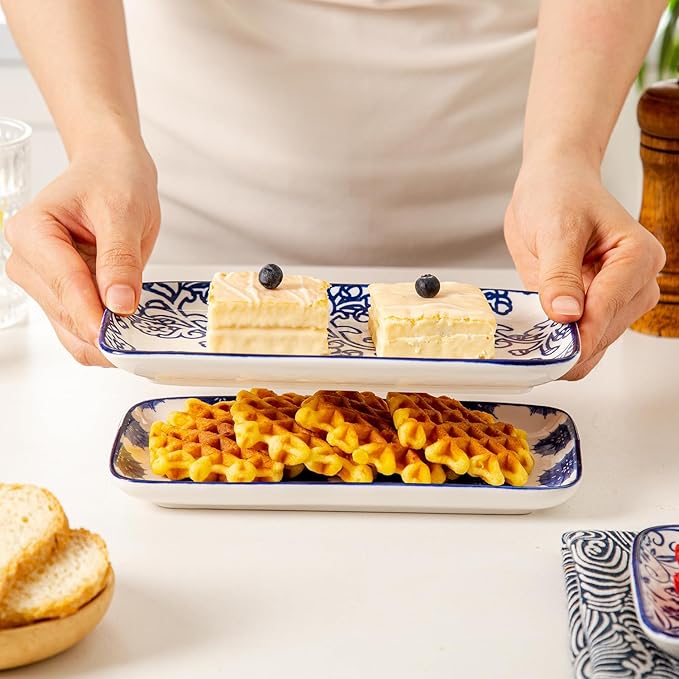 12 Pcs Ceramic Dinnerware - 12 OZ Dessert Bowls and 8 IN Rectangle Serving Platter Set - Service for 6 - Vintage Blue