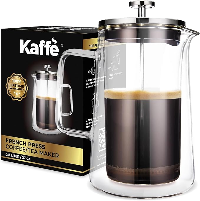 Kaffe Glass French Press Coffee Maker (27oz / 0.8L) - Double-Wall Insulated Borosilicate Glass Coffee Press - Travel &amp Camping - Homemade French Press Coffee