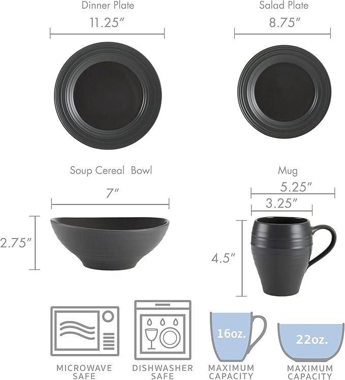 Mikasa Swirl 16 Piece Dinnerware Set Service for 4 Graphite