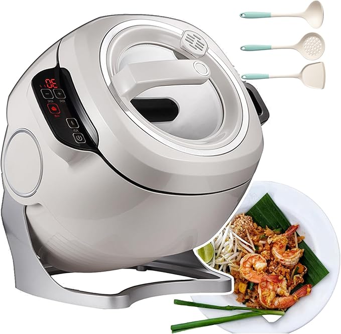 Auto Cooking Wok Fried Rice Machine Drum Food Processor - 360° Automatic Rotation3 Gears Adjustable Drum Type Stir Frying Machine- 3 Cooking Utensils for Stir Fr