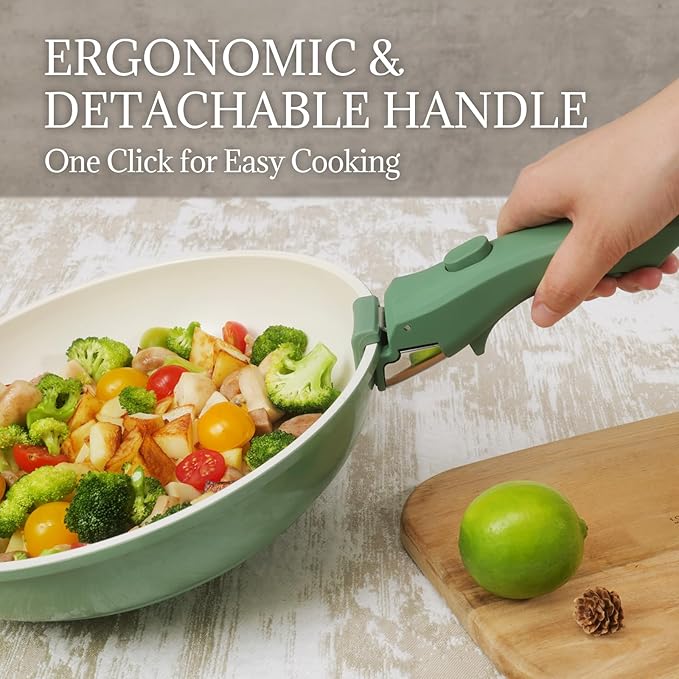 Ceramic Cookware Set Non Stick 8Pcs Pots and Pans Set Detachable Handle Induction Kitchen Cooking Set with Frying Pans Oven Dishwasher Safe PFAS/PFOA Free Forest Green