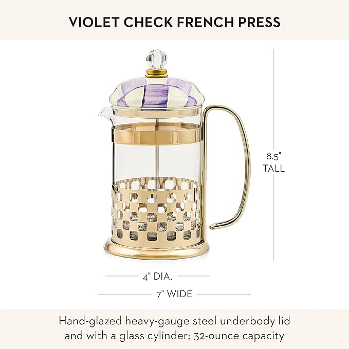 MACKENZIE-CHILDS Coffee French Press Glass French-Press Coffee Maker 32-Ounce Capacity Purple-and-White Violet Check