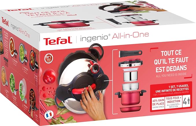 Tefal Ingenio All-In-One 8-Piece Cookware Set Cooking Pot Non-Stick Pan Stainless Steel Saucepan Steamer Basket Lids