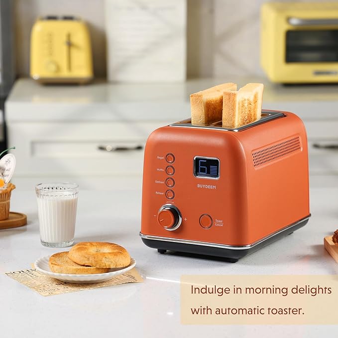 BUYDEEM DT730 Motorized Toaster 2-Slice Smart Digital Leverless Toaster with LCD Countdown Timer 9-Shade Settings for Toast Bagels Waffles Muffins