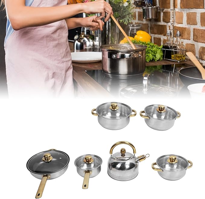 Cookware Set Stainless Steel Rustproof Stick Proof Safe Pan Pot Set for Home Kitchen Restaurant (Gold handle with water bottle)