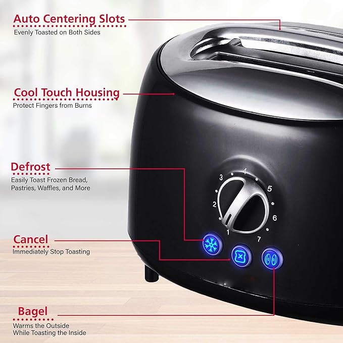 Cool Touch 2-Slice Extra Wide Slot Toaster with 7 Shade Settings Defrost and Bagel Functions – Black and Blue Retro Kitchen Toaster (Black)
