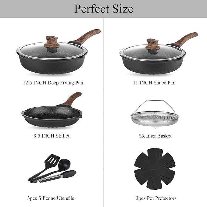 Vinchef Pots and Pans Set 12pcs Nonstick Induction Kitchen Cookware Sets with Stay-Cool Handles Frying Pans and Saute Pan with Lid Silicone Cooking Utensil Sets and Pot Protectors PFAS PFOA Free