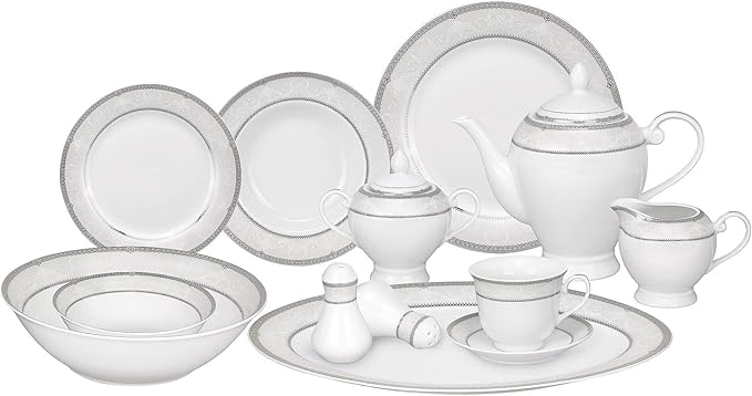 Misc 57-Piece Porcelain Dinnerware Set with Silver Accent Banded Traditional Oval Dishwasher Safe