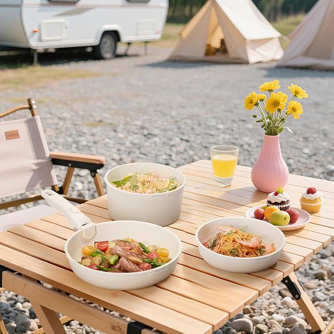 JEETEE 25pcs Pots and Pan Set Non StickDetachable Handle Cookware SetInduction Cooking &amp RV Camping Stackable Pots PansHealthy Kitchen Cookware Set PFAS/PFOA Free Beige