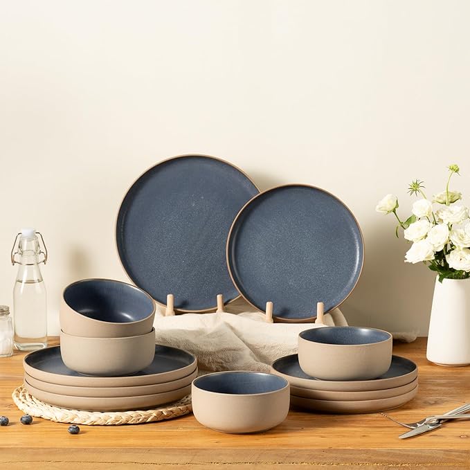 12 Pieces Dinnerware SetsPlates and Bowls SetsHandmade Reactive Glaze Dishes Set for 4 with at Least 10% Recycled Ceramic and the Raw Texture of the Clay (Reactive-Blue)