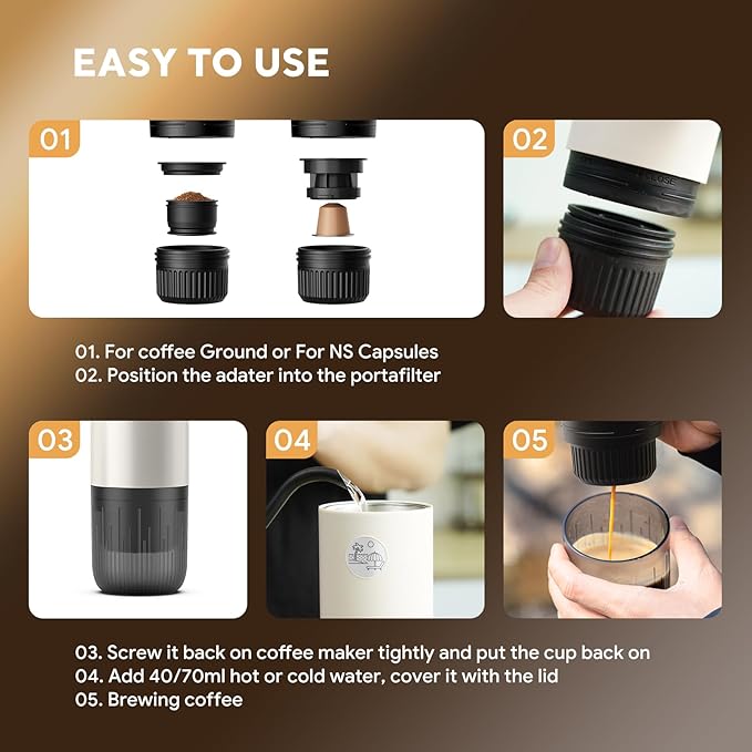Portable Espresso Machine Travel Coffee Maker for Camping Car Coffee Maker Self-Heating with USB-C 2 in 1 With Ground Coffee &amp NS Capsule for RV Hiking OfficeChristmas Gifts for Men(White)