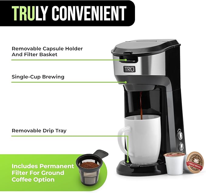 Tru Single Serve Brew System by Select Brands - Single Cup Coffee Maker Using Coffee Capsules or Grounds - Features Removable Drip Tray &amp One-Touch Controls - 14 Fluid Ounces