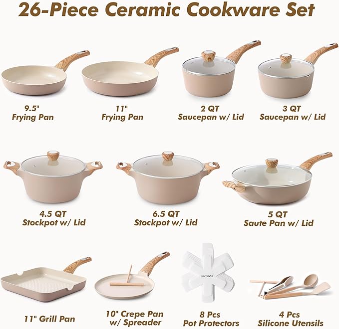 SENSARTE Ceramic Cookware Sets Pots and Pans Set Non stick Non toxic Healthy Induction Cookware 26 Pcs Nonstick Kitchen Cooking Set w/Frying Pans Set Saucepans Set