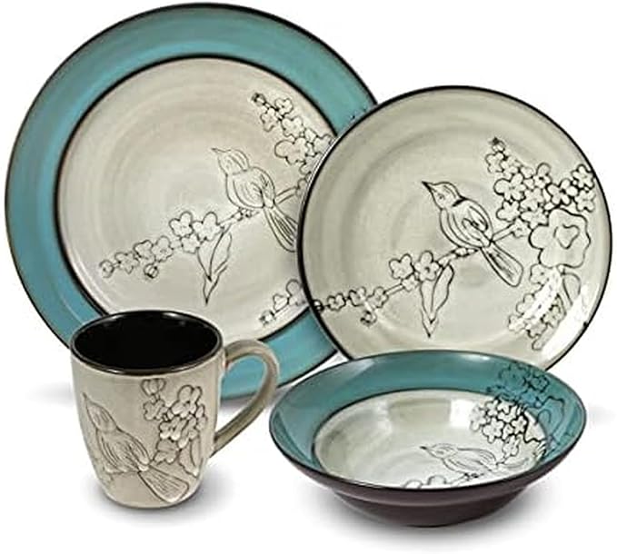 Gourmet Basics by Mikasa Song Bird Dinnerware Set 16 Piece Green Gray