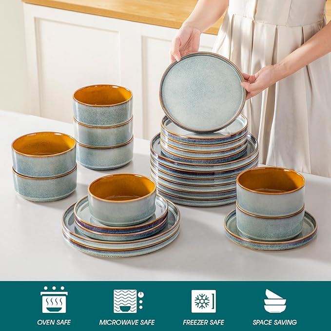vancasso ONION Ceramic Plates and Bowls Sets 24 Pieces Light Blue Dinnerware Sets for Kitchen Reactive Glaze Dishes Set for 8 Dishwasher and Microwave Safe