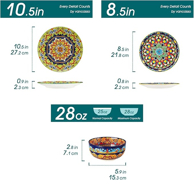 vancasso Plates and Bowls Sets12-Piece Porcelain Dinnerware Set Service for 4 Bohemian Style Dishes Set for 4 Kitchen Dinner Set Microwave and Dishwasher Safe Scratch Resistant Series KRVI