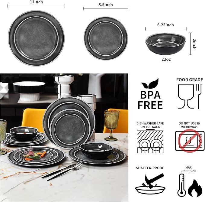 Melamine Dinnerware Sets- 12pcs Melamine Plates and Bowls Set for 4 Suitable for Indoor and Outdoor Use Black