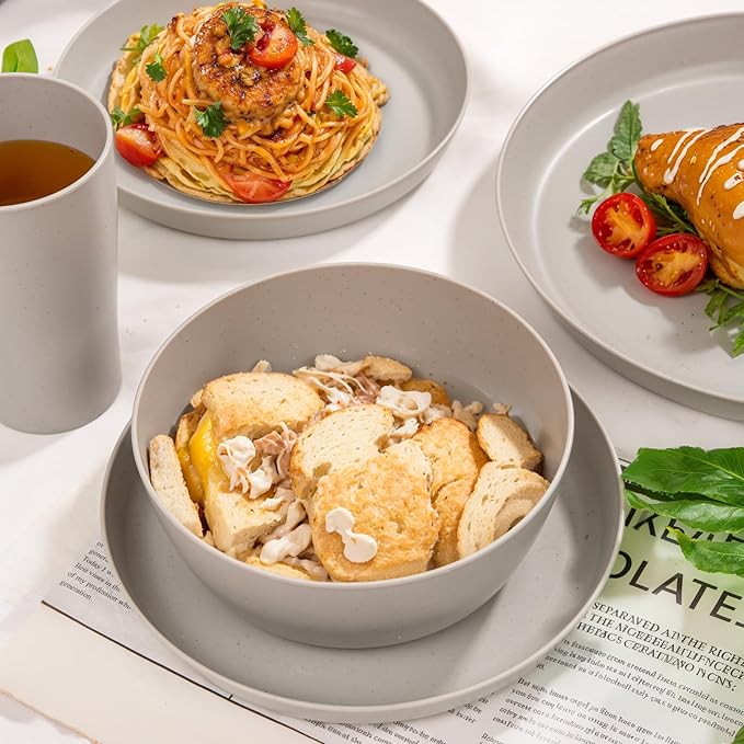 EI 24pcs Grey Wheat Straw Dinnerware Set of 6Reuasble Unbreakable Dinner PlatesWheat Plates and Bowls Sets for CampingPicnincFamily Dinner