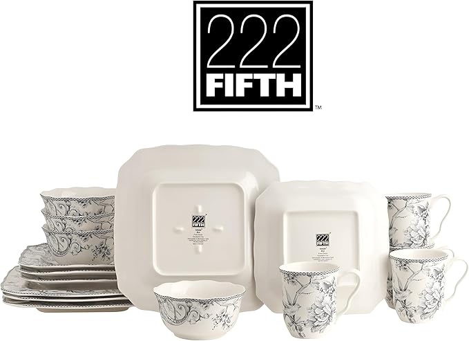 222 Fifth Adelaide 16-Piece Square Floral Dinnerware Set – Service for 4 Grey &amp White Porcelain Plates &amp Bowls for Everyday Dining &amp Entertainment Microwave &amp Dishwasher Safe Chip