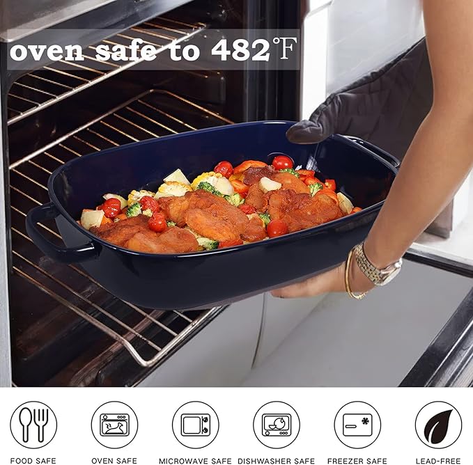 6 Quart Large Rectangular Baking Dish 16x11 Inches Ceramic Baking Pan Casserole Dish for CookingKitchen and Daily Use Safe for Oven Microwave Refrigerator Disinfection Cabinet and DishwasherBlue