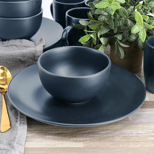 12 Piece Stoneware Dinnerware Set – Round Plates Bowls &amp Mugs for 4 Dishwasher &amp Microwave Safe Modern Matte Finish (Blue)