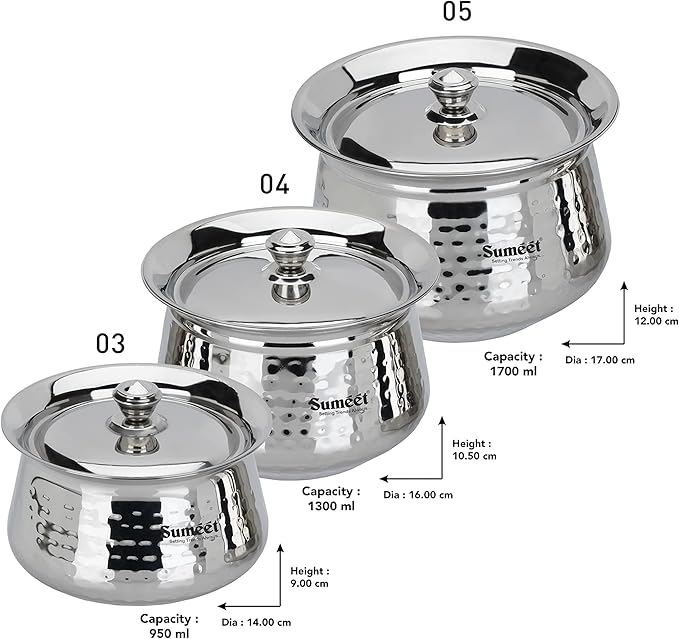 Sumeet Stainless Steel Handcrafted Hammered Texture Handi Set with Lid for Kitchen Set of 3 950ml 1300ml &amp 1700ml Silver