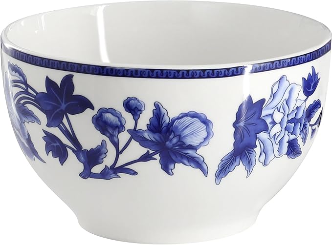 Elama Cattleya Orchid Design 16 Piece Round Porcelain Dinnerware Set in Blue and White Tableware Set Service for 4
