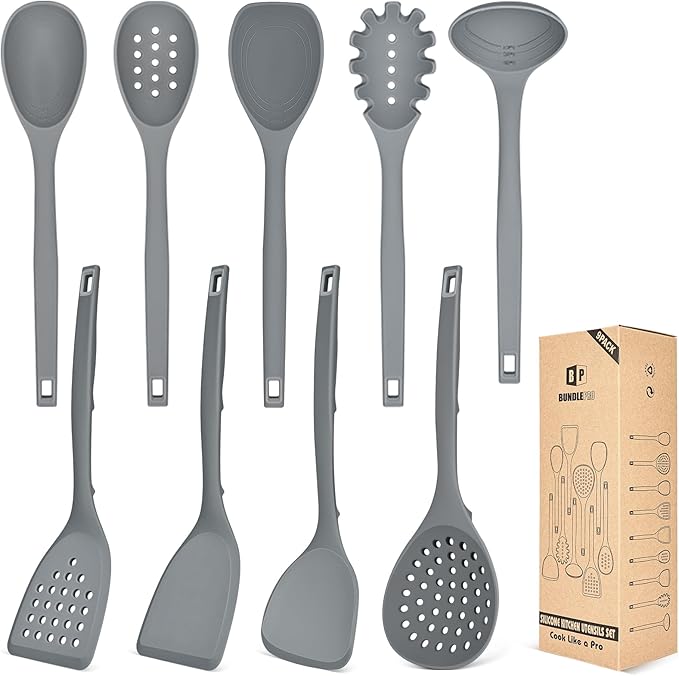 Silicone Cooking Utensils Set 9 Pcs Heat Resistant Kitchen Utensils with Back Hooks BPA Free Kitchen Tools with Spatulas Spoons Skimmer and Pasta Fork for Non Stick Cookware (GRAY)