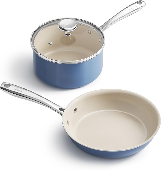 Redchef Sauce Pan Cookware Set 8 Non-Stick Ceramic Frying Pan &amp 2.5QT Saucepans with Tempered Glass Lid Stay-Cool Handle Non Toxic PTFE &amp PFOA Free Oven Safe &amp Stovetop Suitable Blue