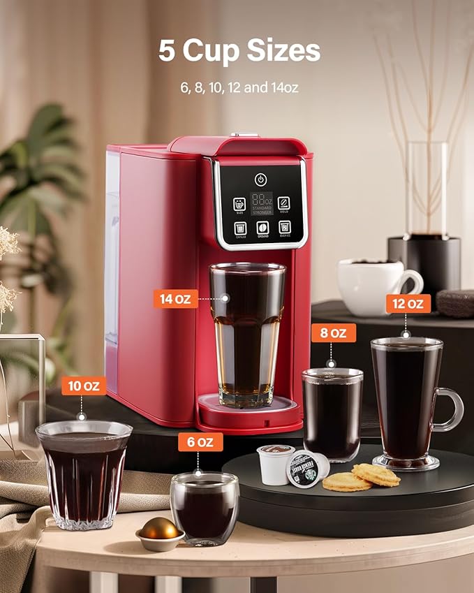 SHARDOR Single Serve Coffee Maker Hot and Iced Coffee Machine for K Cup Pods &amp Ground Coffee 6 to 14 oz Brew Sizes with 50 oz Removable Water Tank Bold Brew Setting Stainless Steel Red