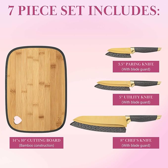 Paris Hilton Reversible Bamboo Cutting Board and Cutlery Set with Matching High Carbon Stainless Steel Knives Blade Guards Sleek Yet Comfortable Handle Grips 7-Piece Set Gold Charcoal Gray