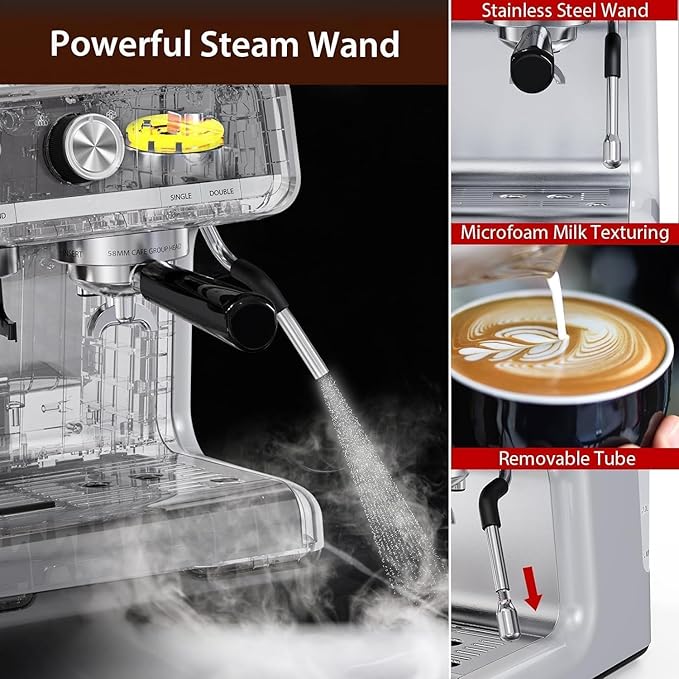 20 Bar Barista-Grade Espresso Machine with Conical Burr Grinder &amp Steam Wand - PID Control Stainless Steel Coffee Maker with 95oz Detachable Tank for Latte Cappuccino Home Cafe - Silver
