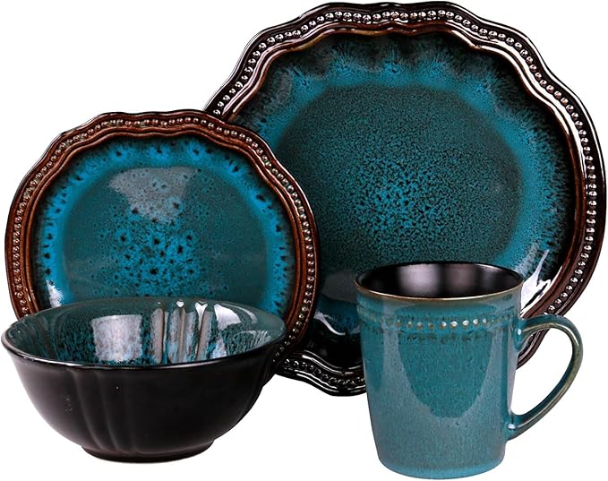 16-Piece Stoneware Dinnerware Set – Textured Rim Plates Matte-Finish Bowls &amp High-Gloss Mugs Dishwasher &amp Microwave Safe