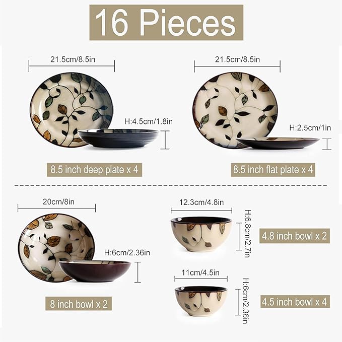 16 Piece Dish Set Porcelain Dinner Set Stoneware Dinnerware SetKitchen Dishes Set Round Plates and Bowls Sets for Kitchen/Dining