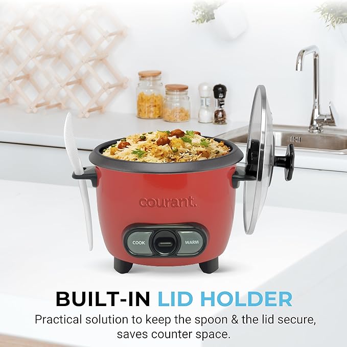 Courant Rice Cooker 8-Cup (Cooked) Removable Non-Stick Bowl One Touch Rice Cooker Red