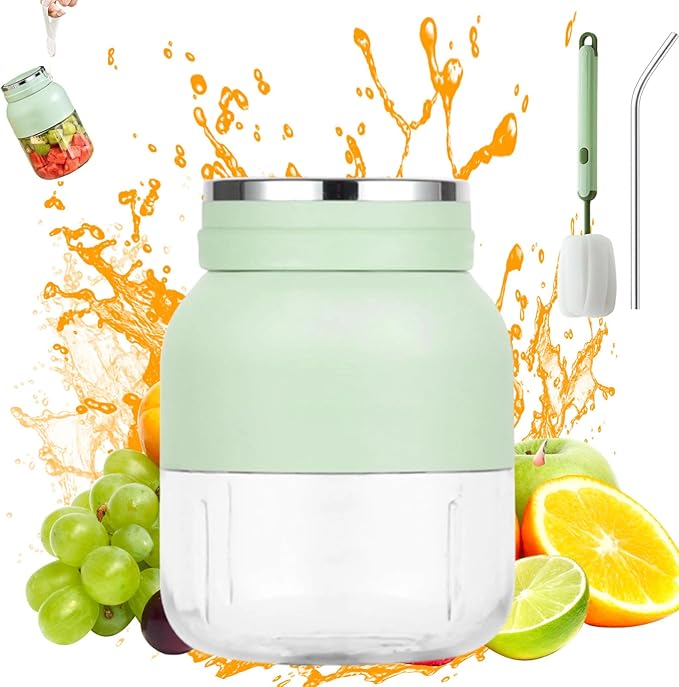 Blender Mini Japan 28fl Oz Protable Hand Blender with Straw and Two Lids Personal Size Juicer Blender for Smoothies Fruit Quick Juicing Easy to Use (Green)