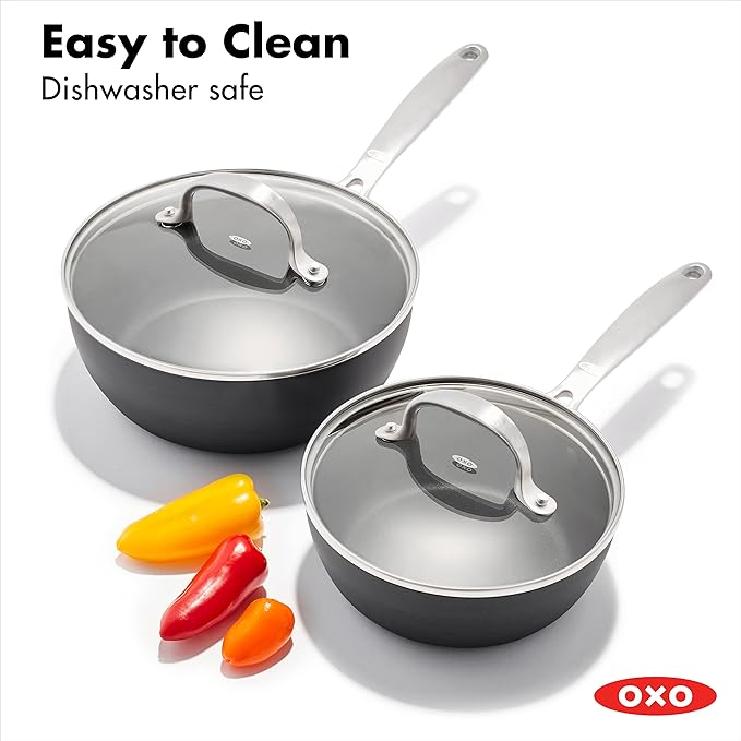 OXO Good Grips Pro 1QT and 2QT Saucepan Pot Set with Lids 3-Layered German Engineered Nonstick Coating Stainless Steel Handles Black