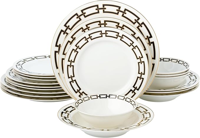 Joseph Sedgh Collection “Abbey” 20-Piece Bone China Dinnerware Set Service for 4 Black and Gold Chain