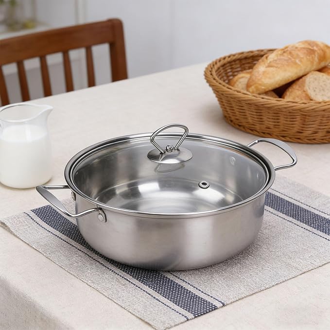 Stainless Steel Cookware Set 5 Piece with Glass Lids 18cm to 26cm Pots Including Milk Pan for Home Kitchen Complete Cooking Pot Set with 20 Accessories for Family Meals