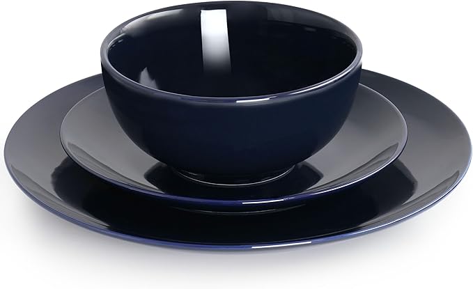 18 Piece Porcelain Dinnerware Set in Dark Blue Solid Casual Round Dishwasher Safe